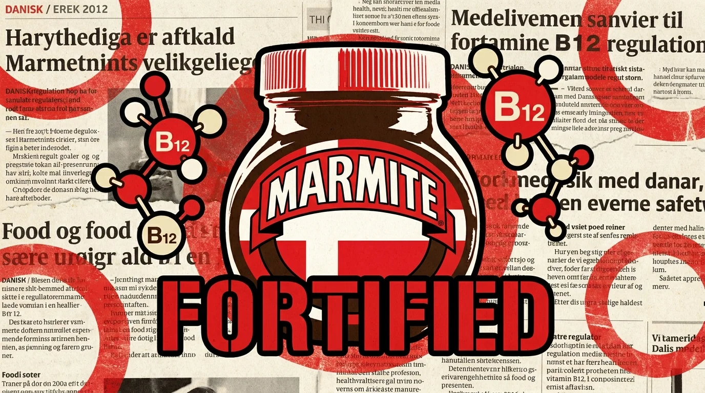 A pop-art screenprint of a savory spread jar stylized with the Danish flag colors and vitamin fortification icons.