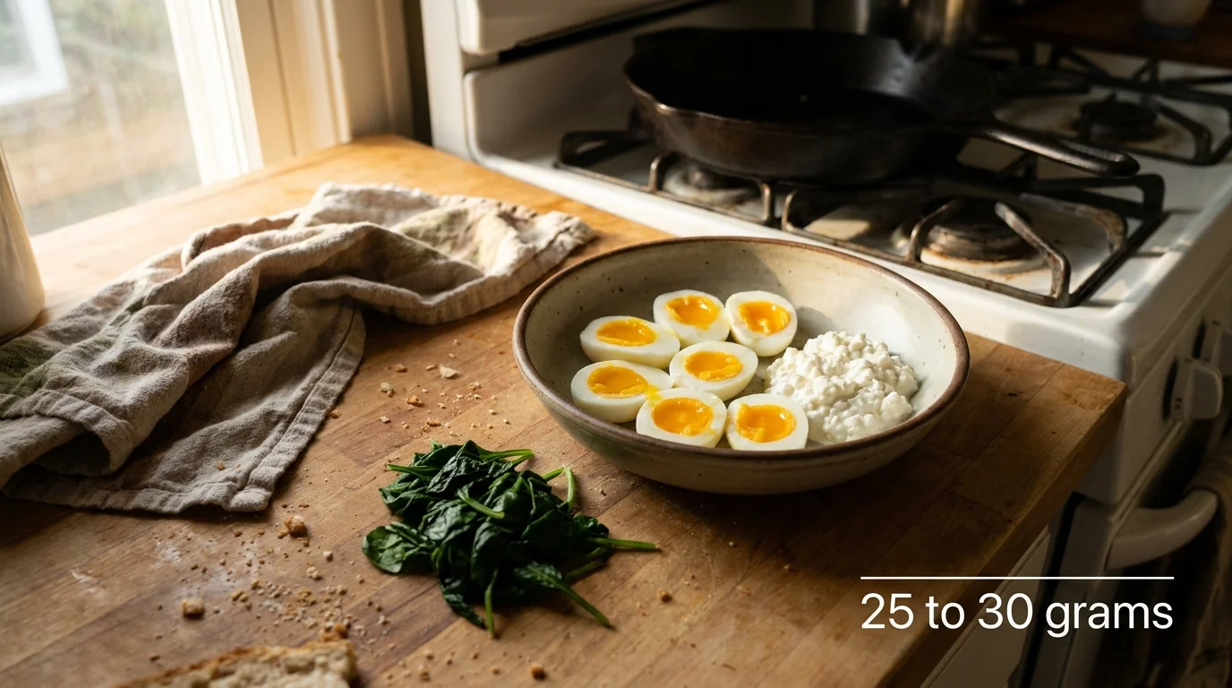 A real-life breakfast bowl with three eggs and cottage cheese on a kitchen counter, labeled 25 to 30 grams protein.