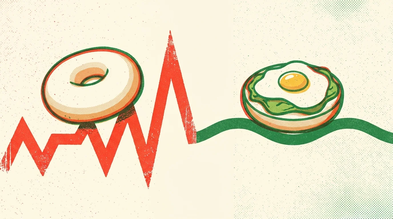 A Risograph illustration comparing a plain bagel's glucose spike to a balanced bagel's steady energy line.