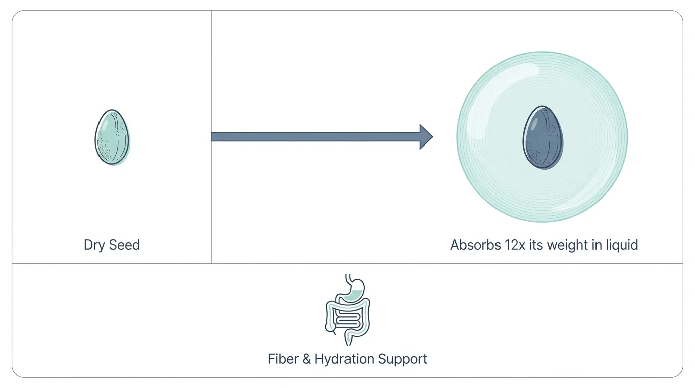 A scientific diagram showing a chia seed expanding to 12 times its weight in liquid to support digestive health.