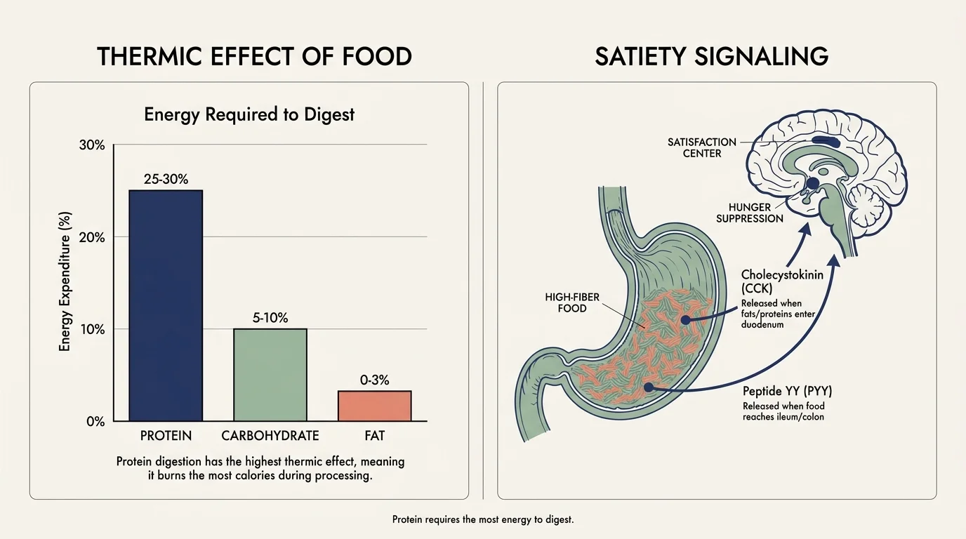 A scientific diagram showing the thermic effect of protein and how satiety hormones like Peptide YY are released.