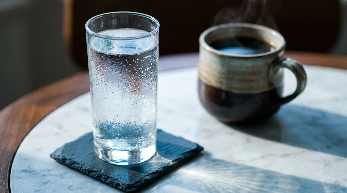 A sharp glass of water in the foreground with a blurry mug of steaming coffee in the background on a marble table.