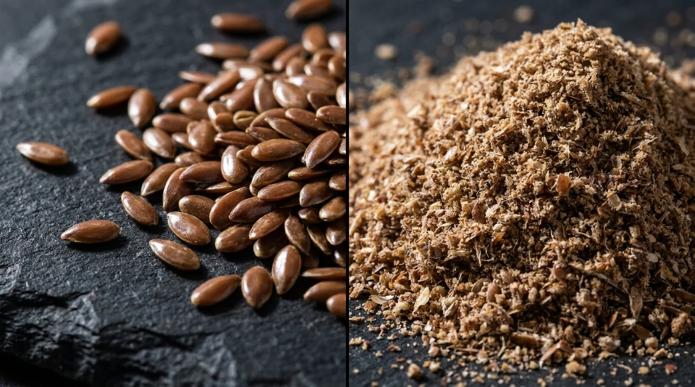 A side-by-side comparison of whole flaxseeds and finely ground flaxseed meal to show the necessary texture for absorption.