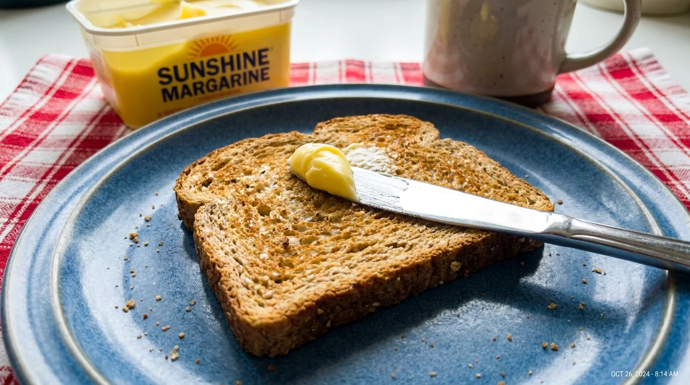 A slice of toast being spread with yellow margarine on a blue plate in a bright kitchen.