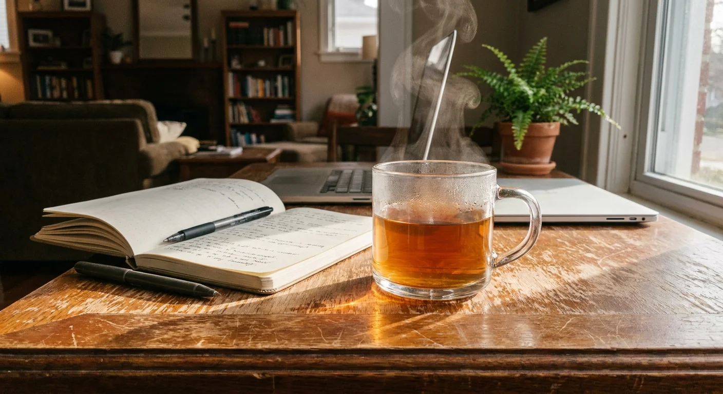 A steaming glass mug of tea on a wooden desk next to a notebook, lit by a shaft of morning sunlight.