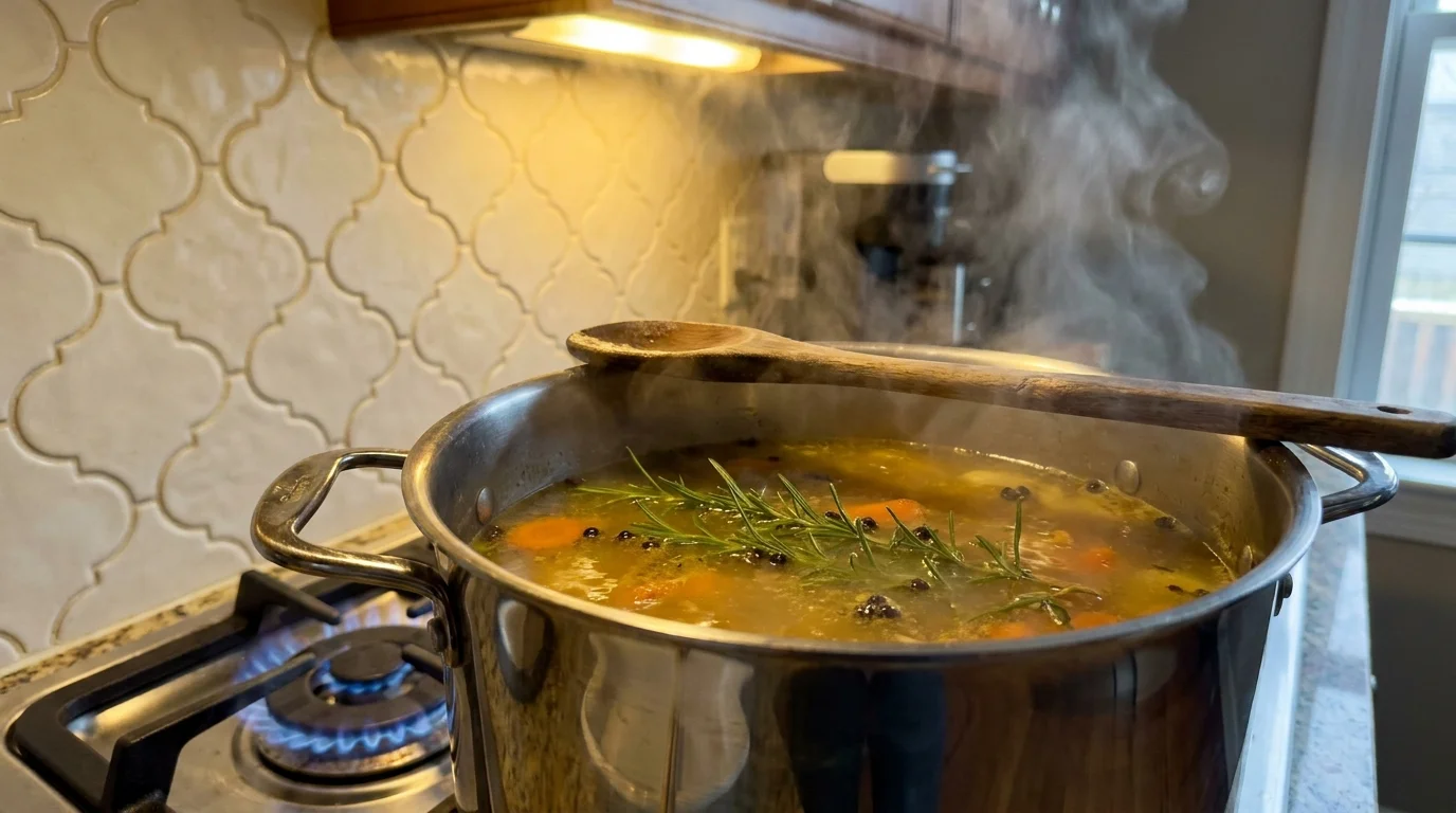 A steaming pot of golden bone broth simmering on a stove with fresh herbs and vegetables.