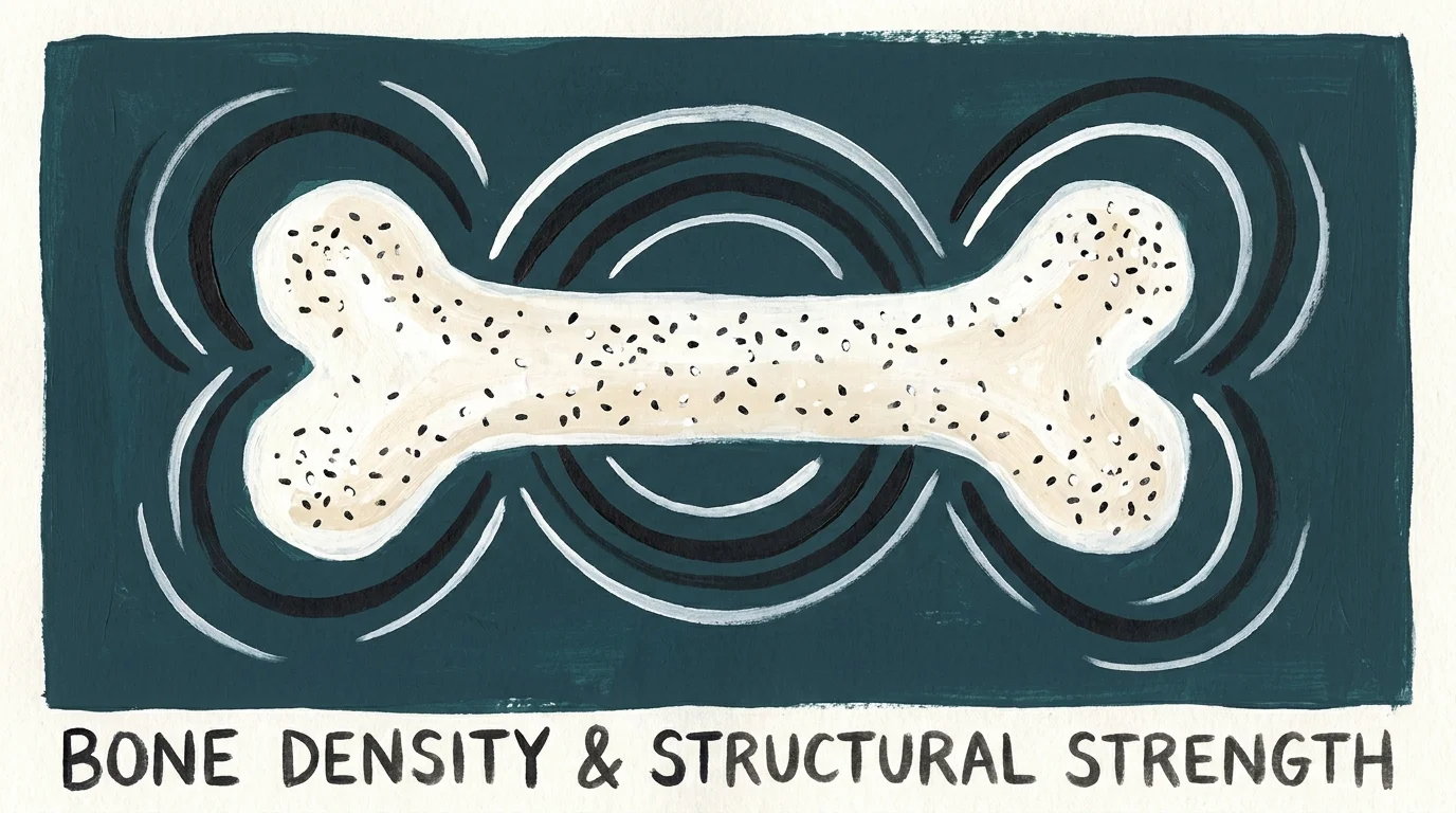 A stylized gouache illustration of a bone reinforced with sesame seed patterns, representing bone strength.
