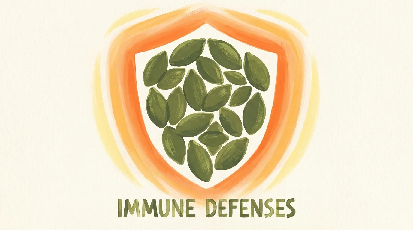 A stylized gouache illustration of a shield made from pumpkin seeds, representing immune system protection.