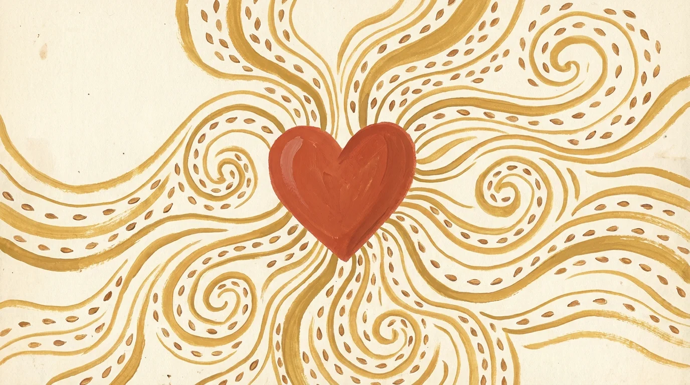 A stylized gouache painting of a heart with golden flow lines and flaxseed motifs, symbolizing cardiovascular health.