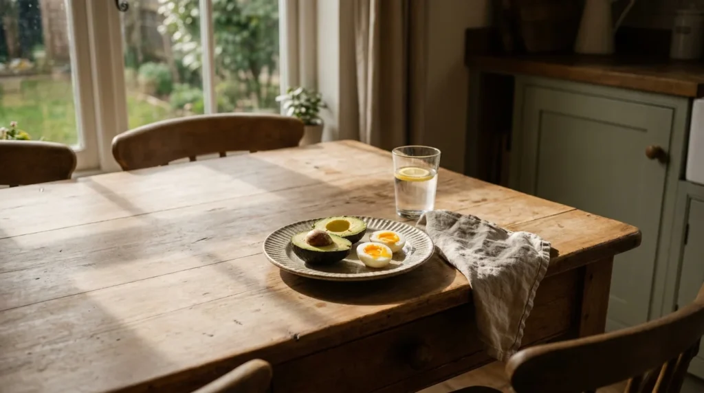 A sun-drenched wooden breakfast table with eggs, avocado, and water in a natural home kitchen setting.