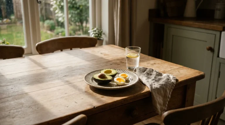 A sun-drenched wooden breakfast table with eggs, avocado, and water in a natural home kitchen setting.