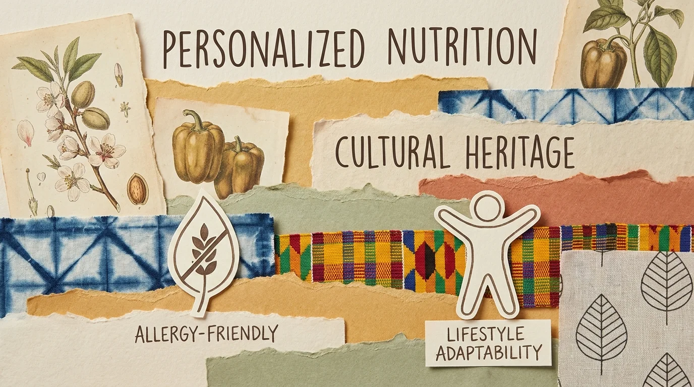 A tactile mixed-media collage featuring botanical sketches, varied fabric patterns, and paper cutouts representing personalized nutrition.