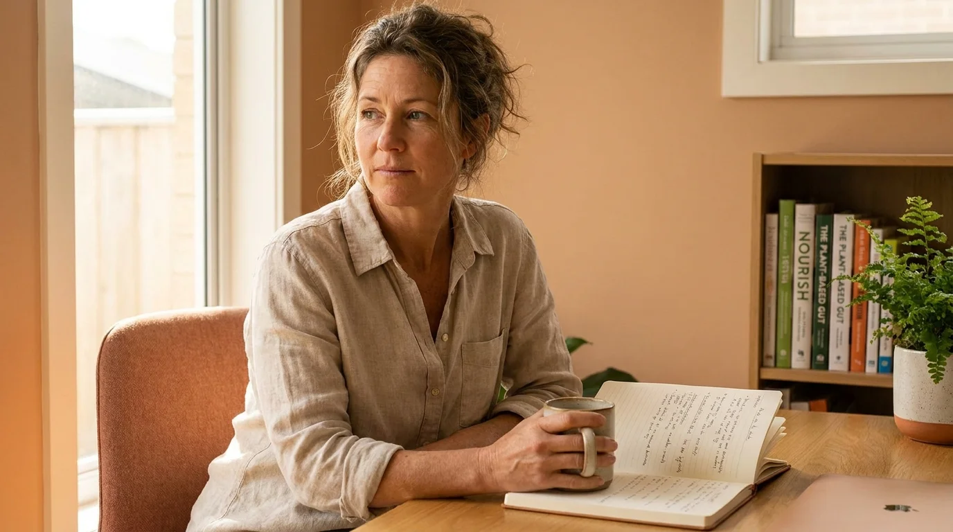 A thoughtful nutrition professional in a warm, natural-light home office setting.