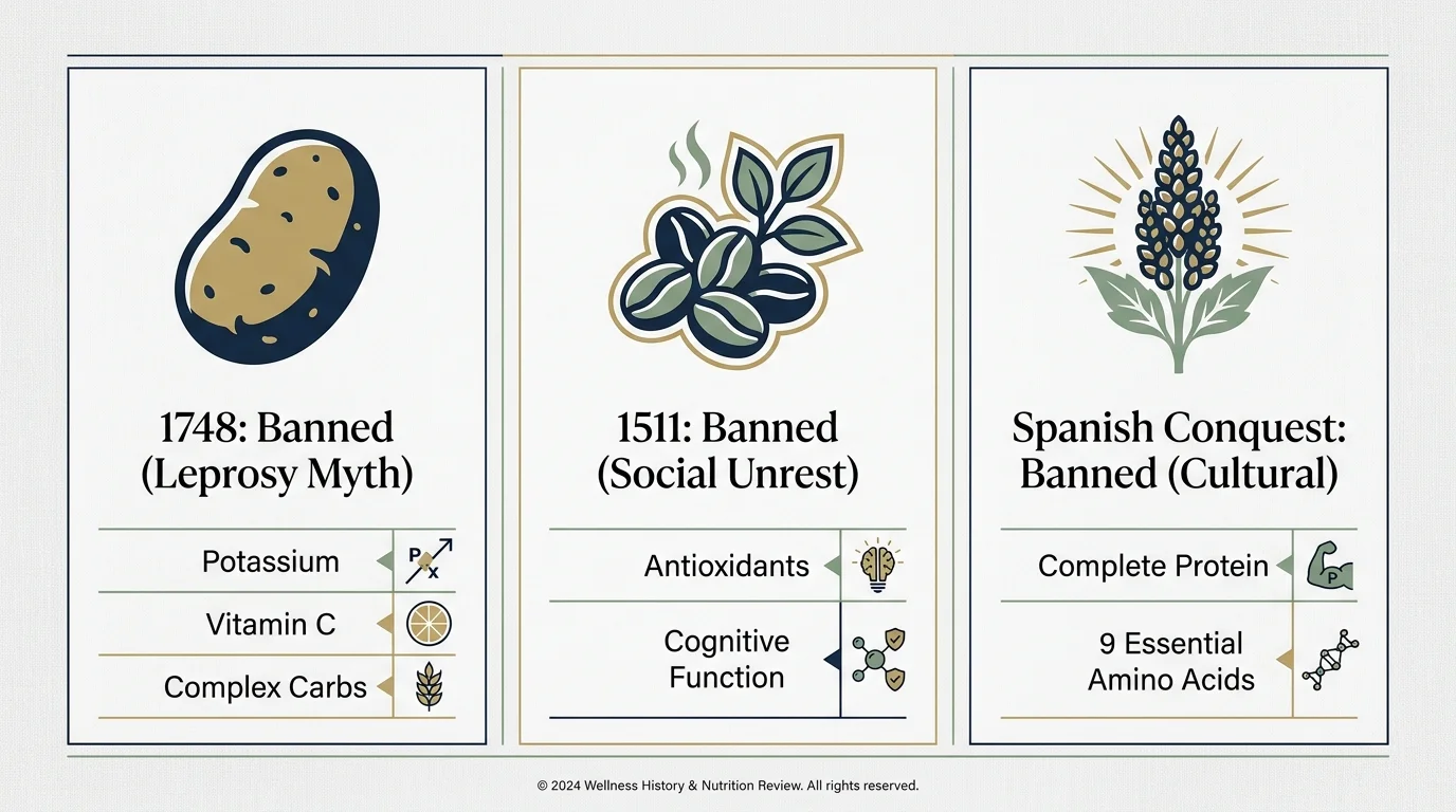 A three-panel chart listing the historical ban reasons and modern nutritional benefits of potatoes, coffee, and quinoa.
