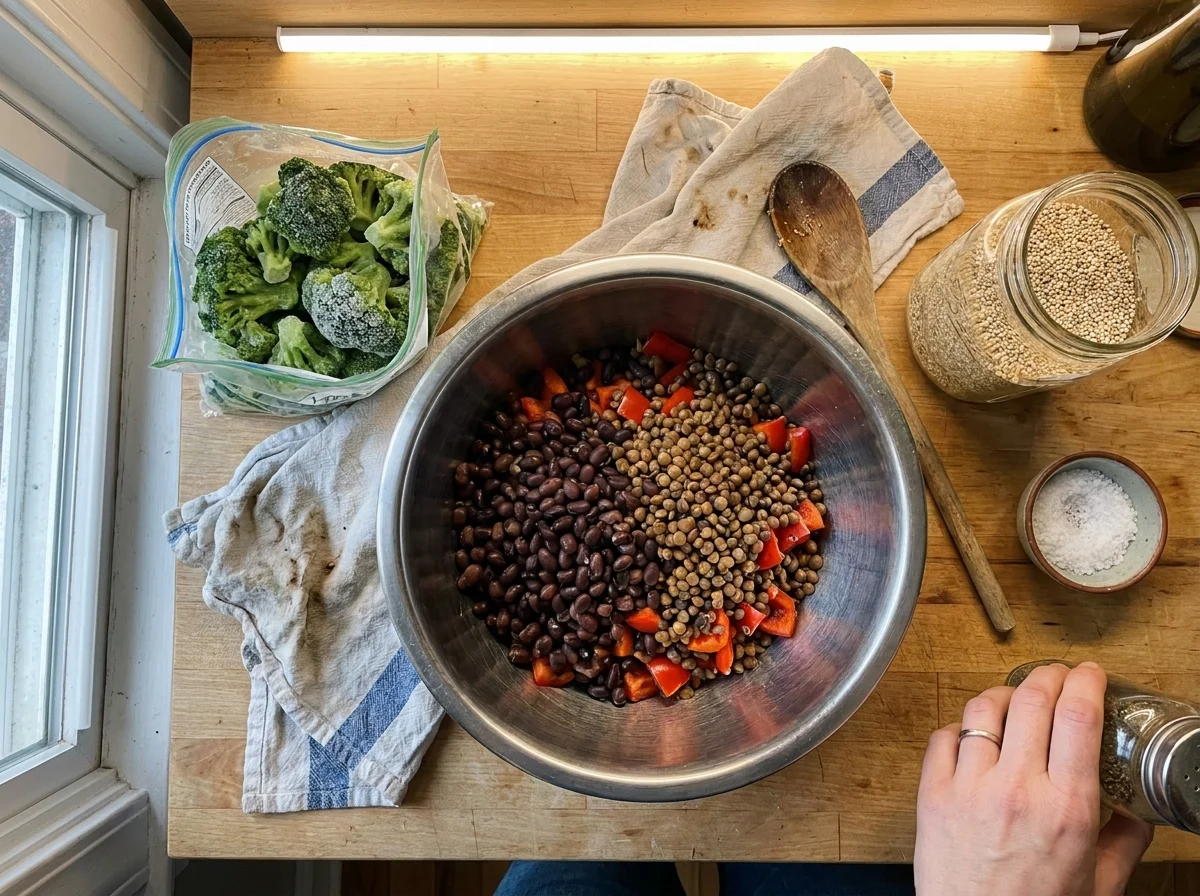 A top-down kitchen counter view showing meal prep with black beans, lentils, frozen broccoli, and quinoa.