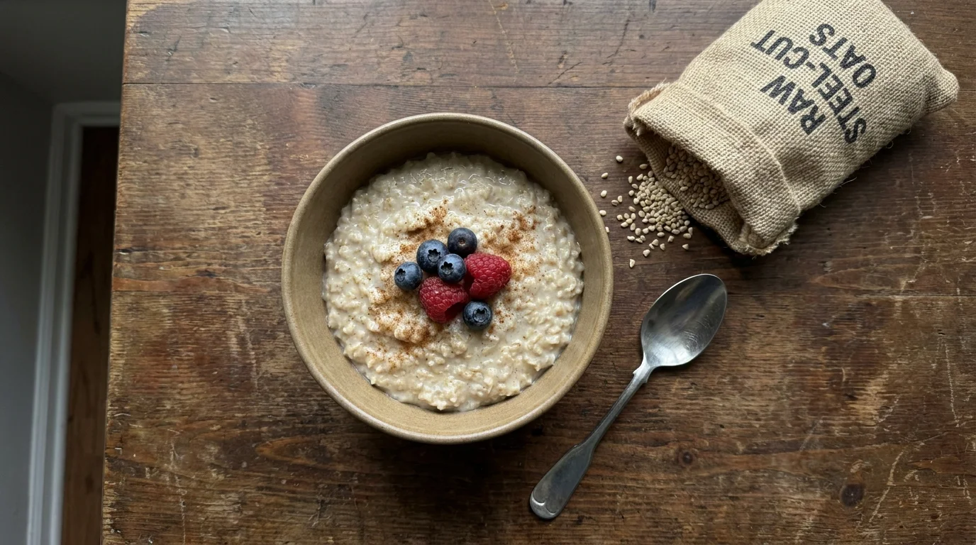 A top-down photo of a bowl of warm oatmeal next to a small burlap sack of raw oats on a wooden table.
