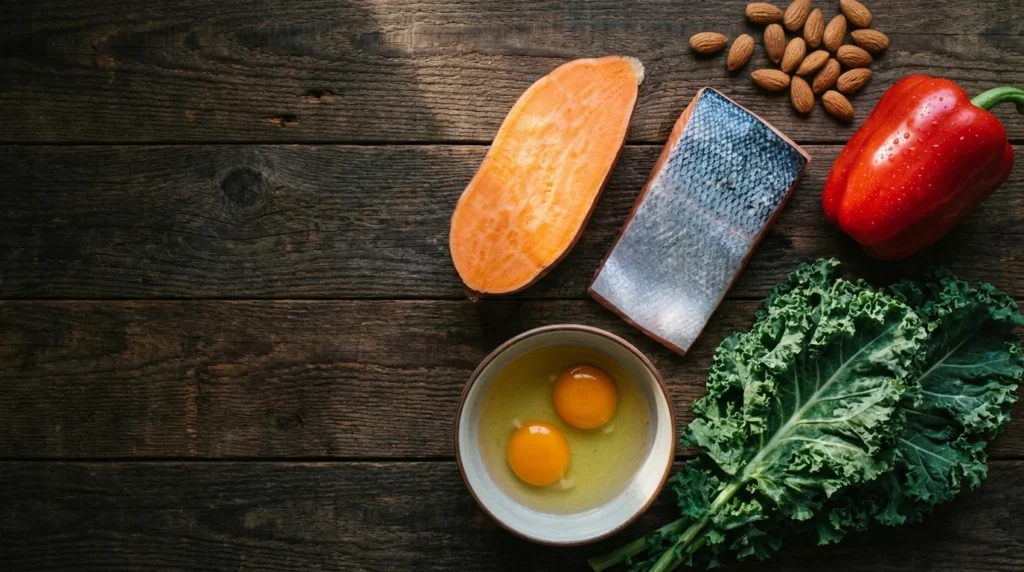 A vibrant flat-lay of salmon, eggs, kale, sweet potatoes, and almonds on a rustic wooden surface, highlighting whole food vitamin sources.