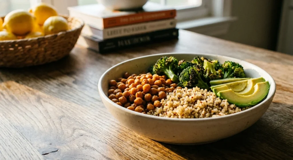 A vibrant harvest bowl with chickpeas, broccoli, and quinoa on a rustic wooden table in soft morning light.