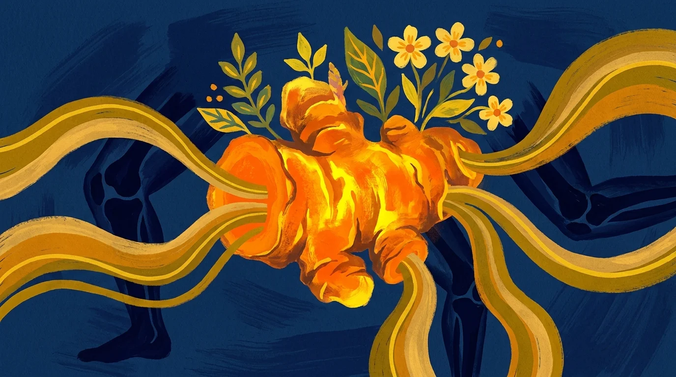 A vibrant, stylized illustration of a glowing turmeric root emitting golden energy toward joint-shaped silhouettes.