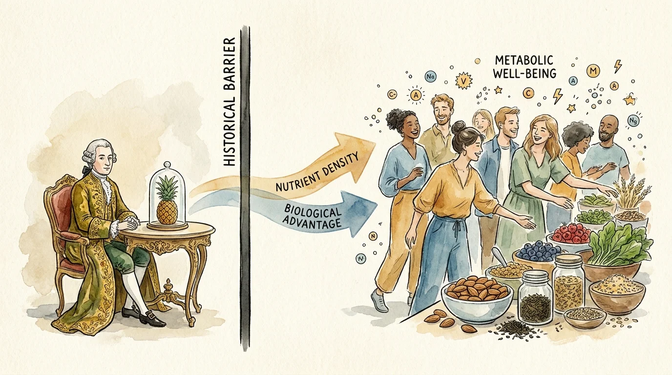 A watercolor illustration showing a royal figure with a pineapple on one side and a modern group of people with healthy foods on the other.