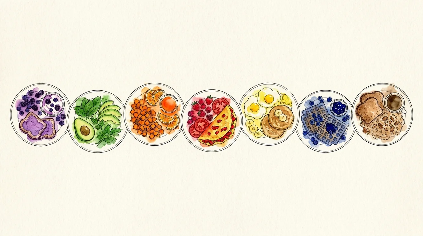 A watercolor mosaic showing seven different, colorful breakfast plates representing nutritional variety.