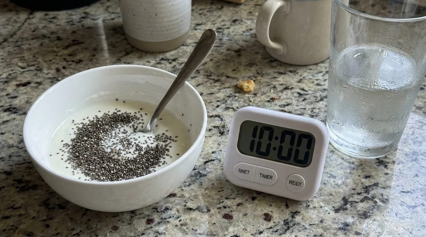 A yogurt bowl on a kitchen counter next to a digital timer set for ten minutes, showing the preparation time for chia seeds.