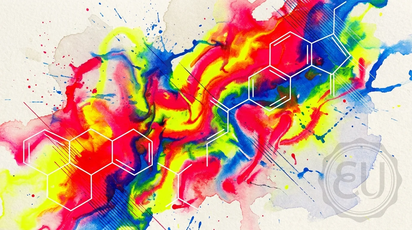 Abstract colorful ink swirls representing food dyes Red 40 and Yellow 5 with overlaid chemical structures.
