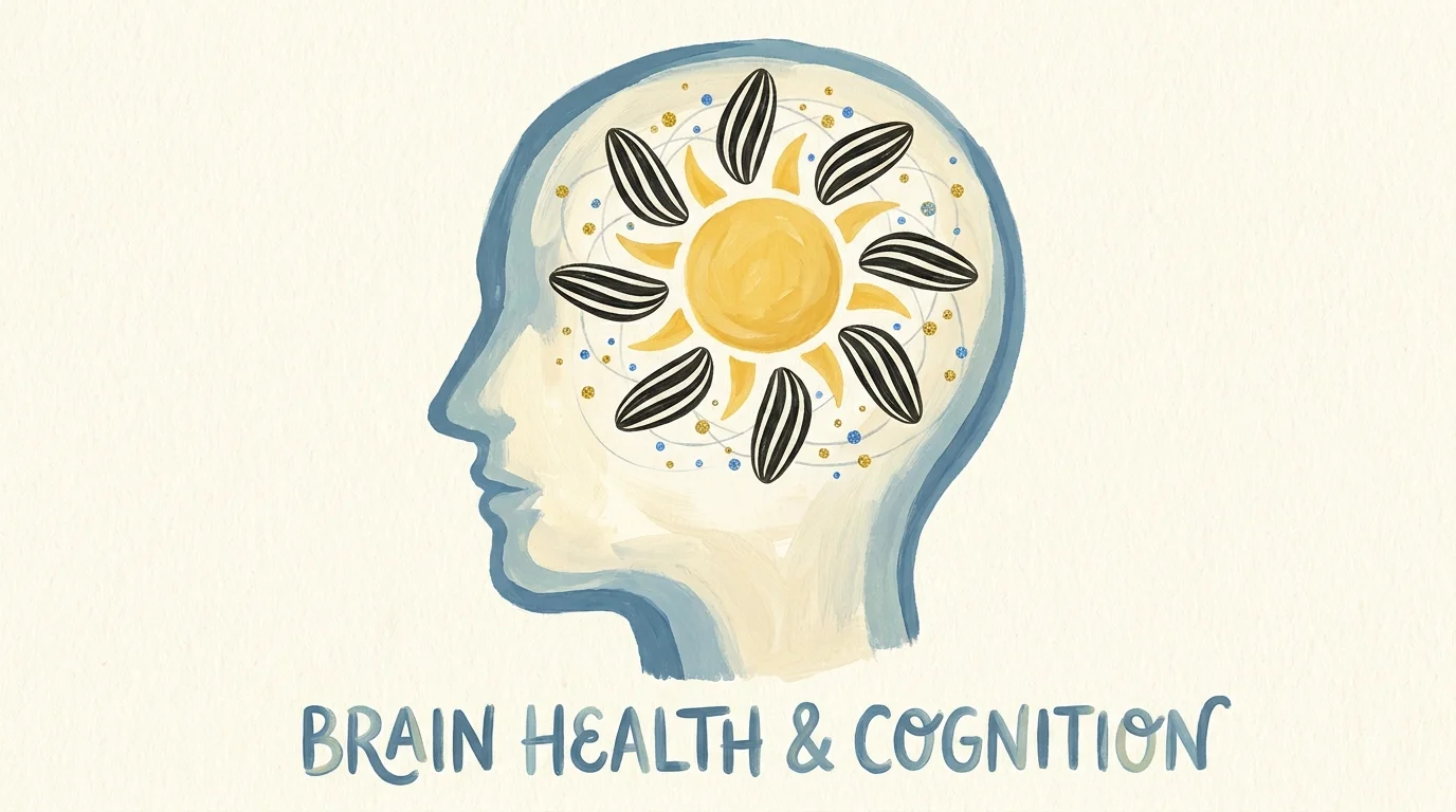 An artistic gouache painting of a head with sunflower seed motifs, symbolizing cognitive health and brain function.