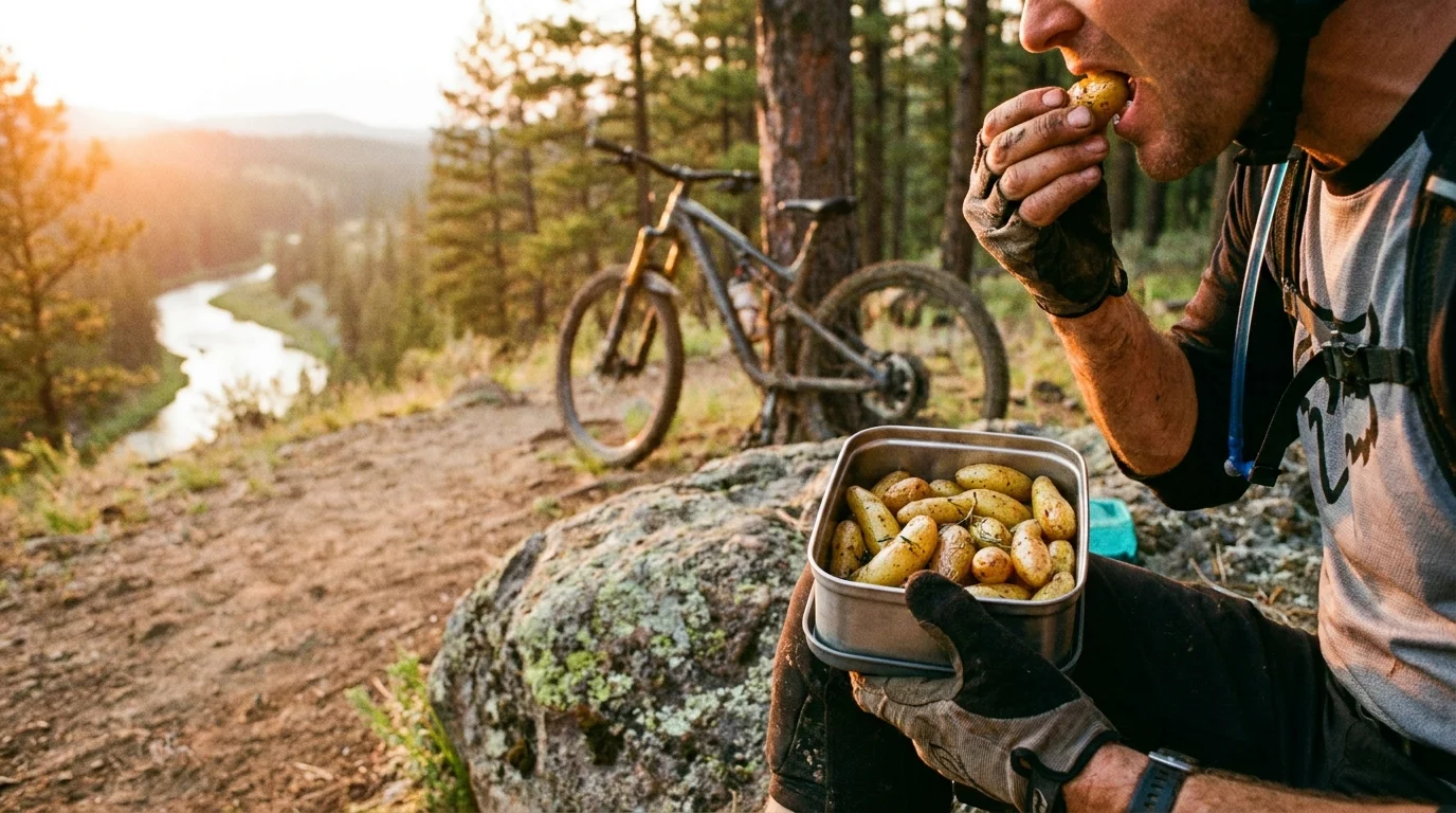 An athlete refueling with roasted potatoes during a break on a mountain bike trail at sunset.