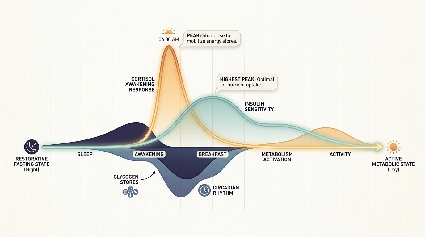 An editorial diagram showing the cortisol awakening response and insulin sensitivity curves during the morning transition.
