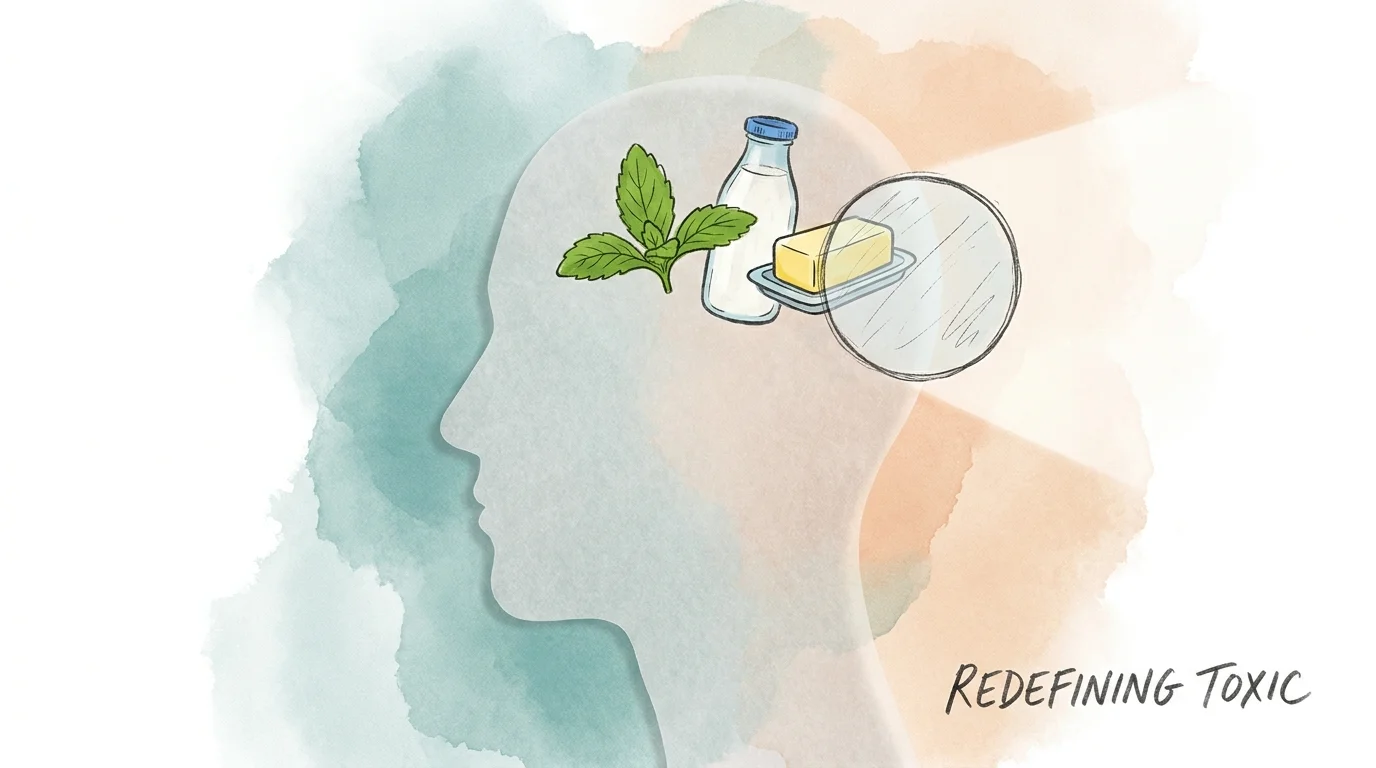 An editorial illustration of a person's silhouette with food icons inside the head, showing a shift in mindset.