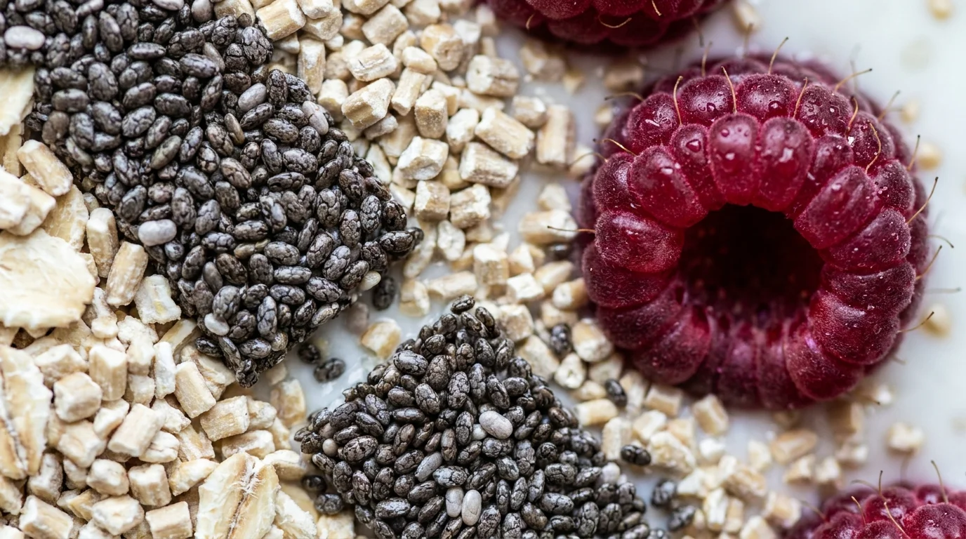 An extreme macro close-up showing the textures of chia seeds, oats, and a fresh raspberry.