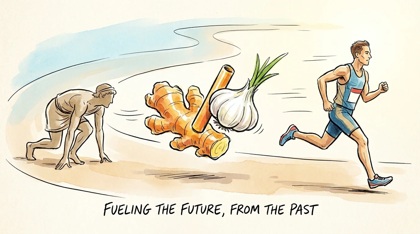 An illustration showing an ancient athlete and a modern runner passing a ginger root like a relay baton.