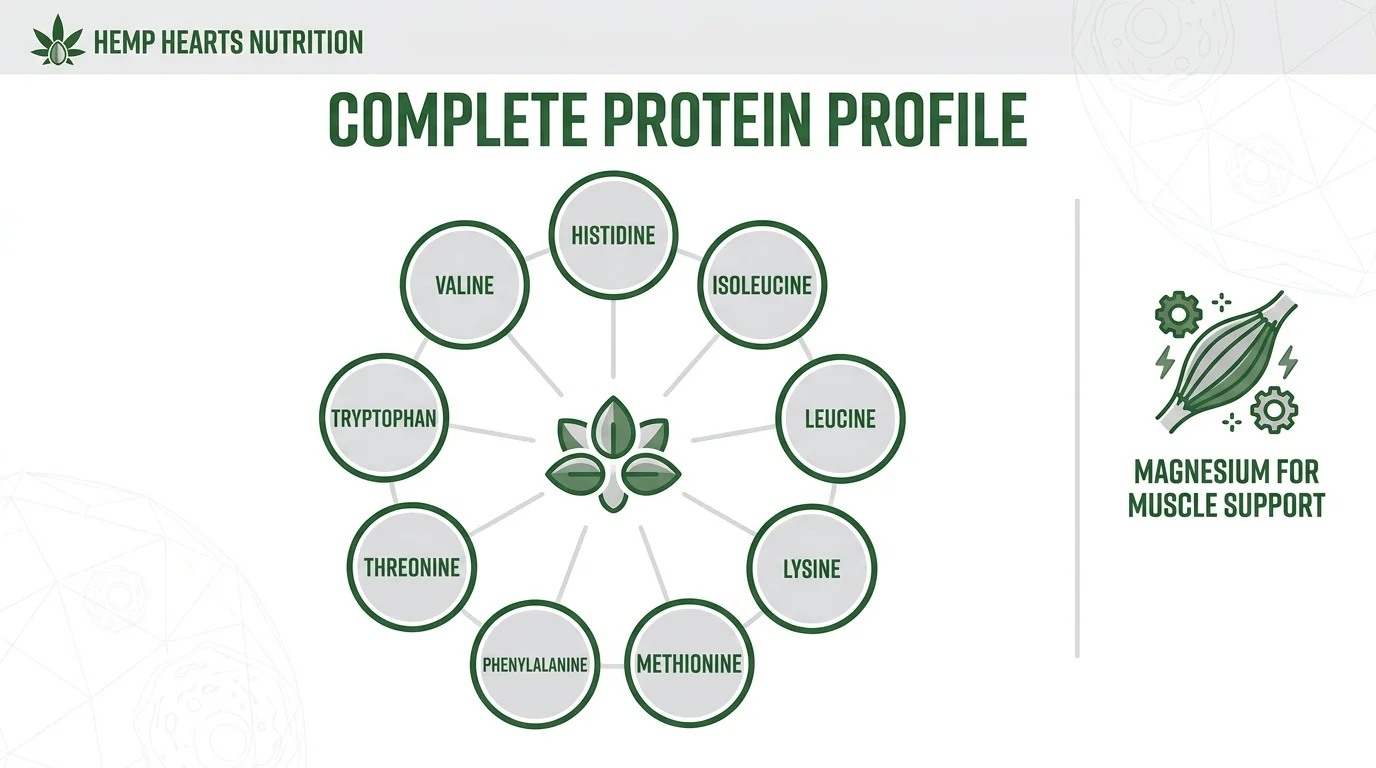 An infographic showing hemp hearts as a source of all nine essential amino acids and magnesium.