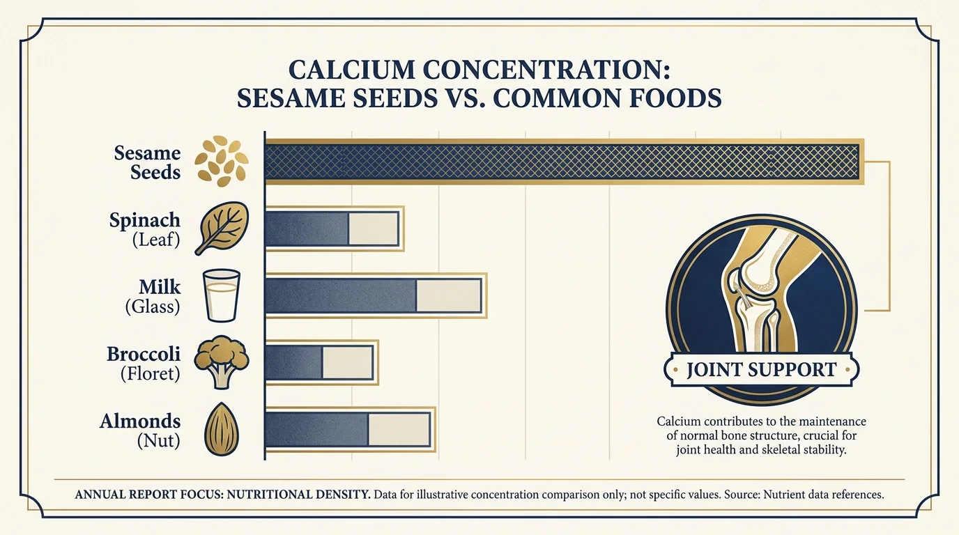 An infographic showing sesame seeds as a concentrated source of calcium for bone and joint support.