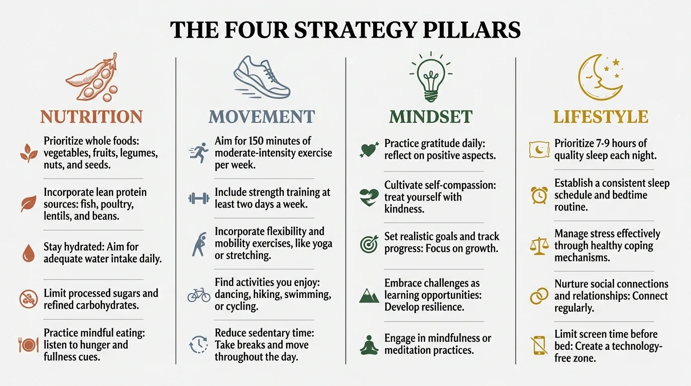 An infographic showing the four pillars of weight loss: Nutrition, Movement, Mindset, and Lifestyle.