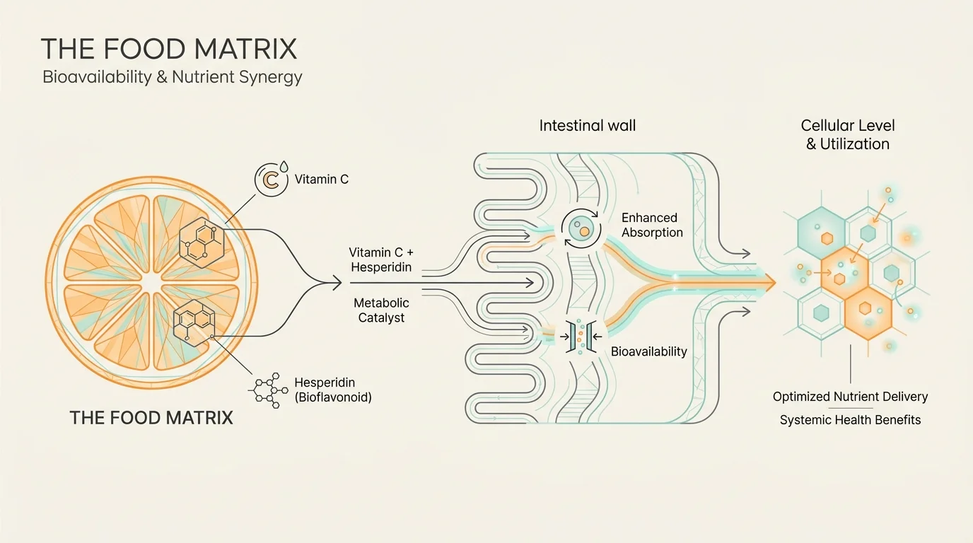 An infographic showing the synergy between Vitamin C and bioflavonoids within an orange for better absorption in the body.