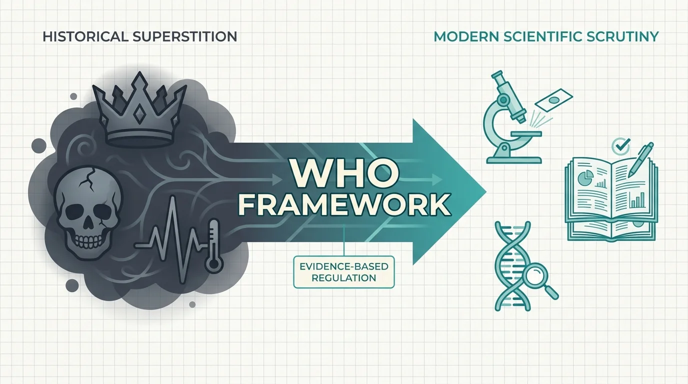 An infographic showing the transition from historical food superstition to modern scientific peer-reviewed research.
