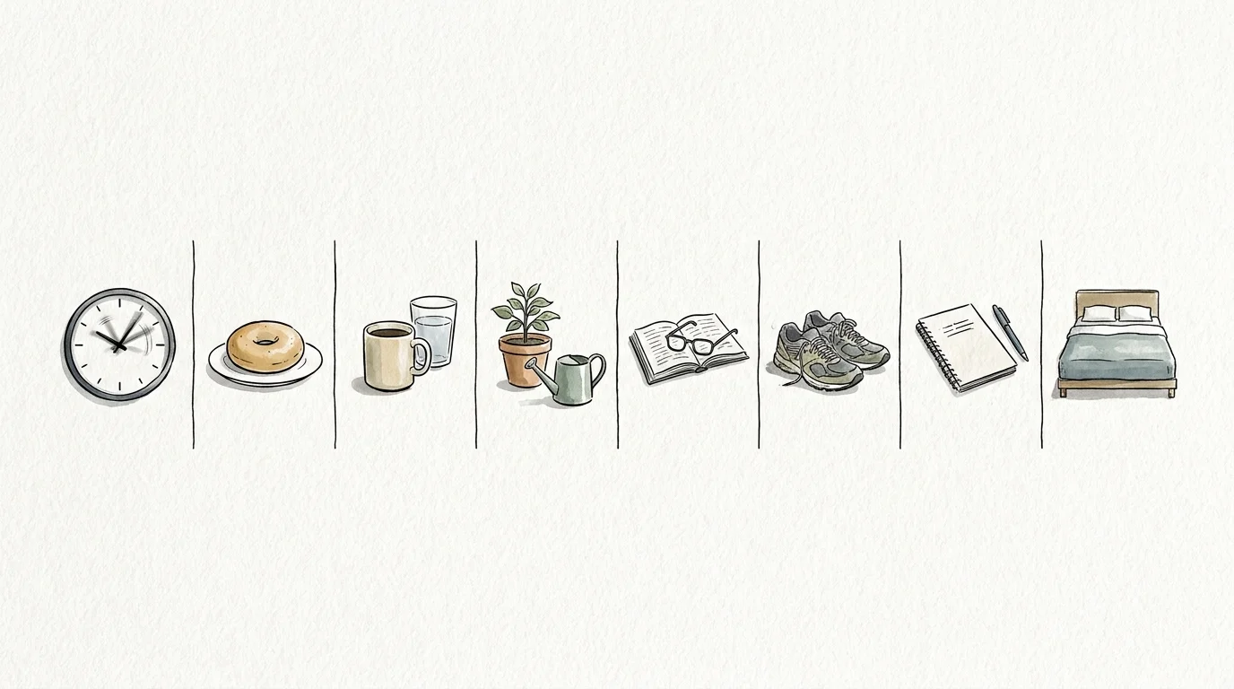 An ink and watercolor illustration featuring eight symbolic icons representing common breakfast mistakes.