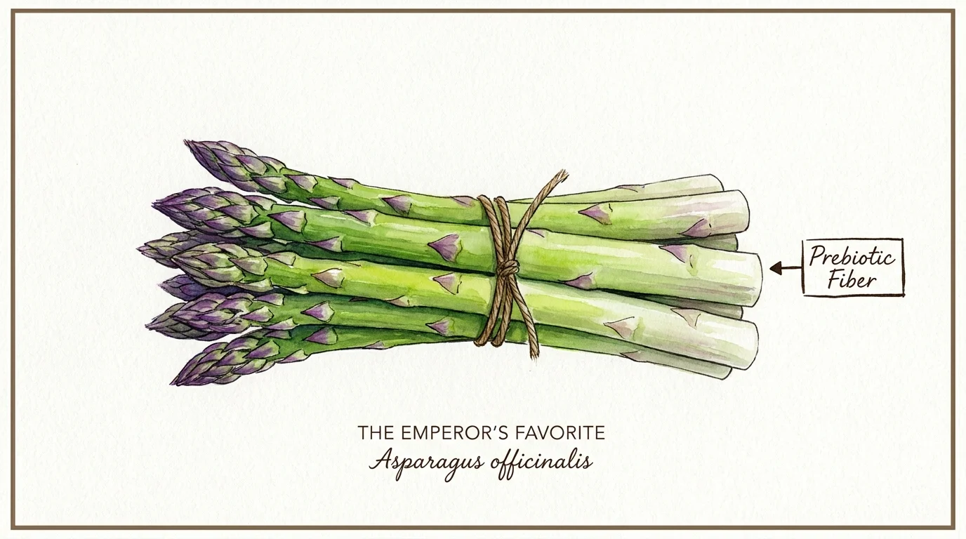 Botanical watercolor of a bundle of green and purple asparagus spears with a label for prebiotic fiber.