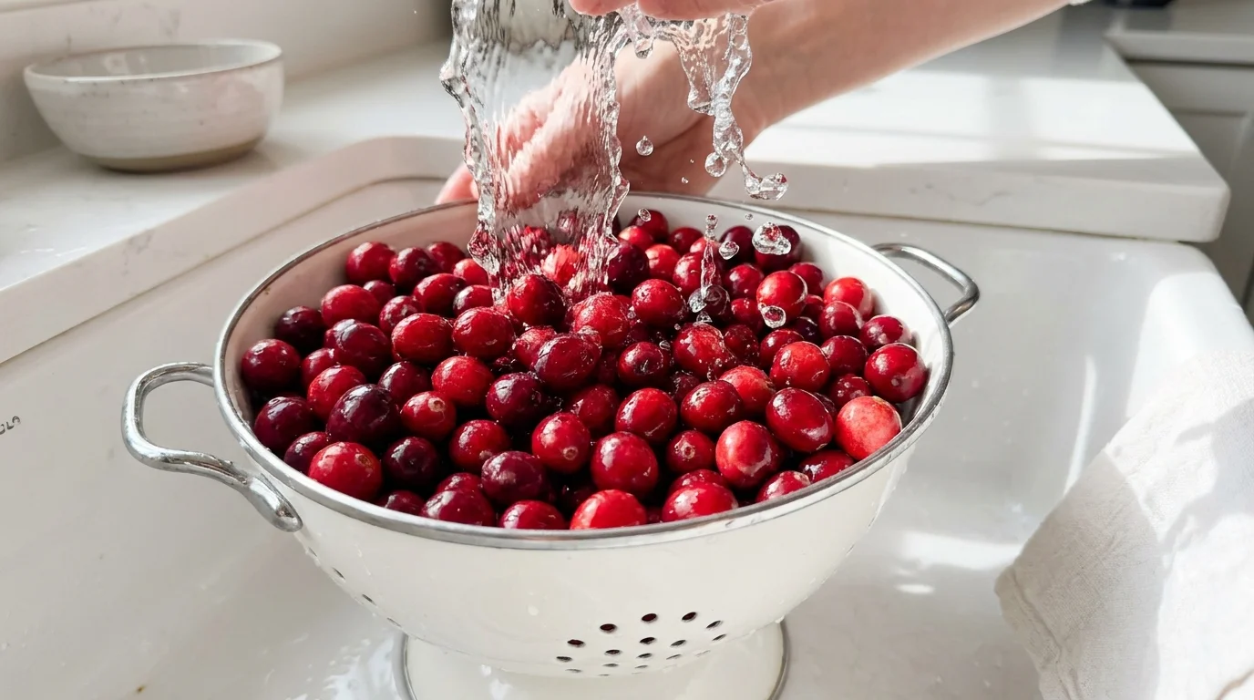 Bright red cranberries being rinsed in a metal colander under a stream of water in a white sink.