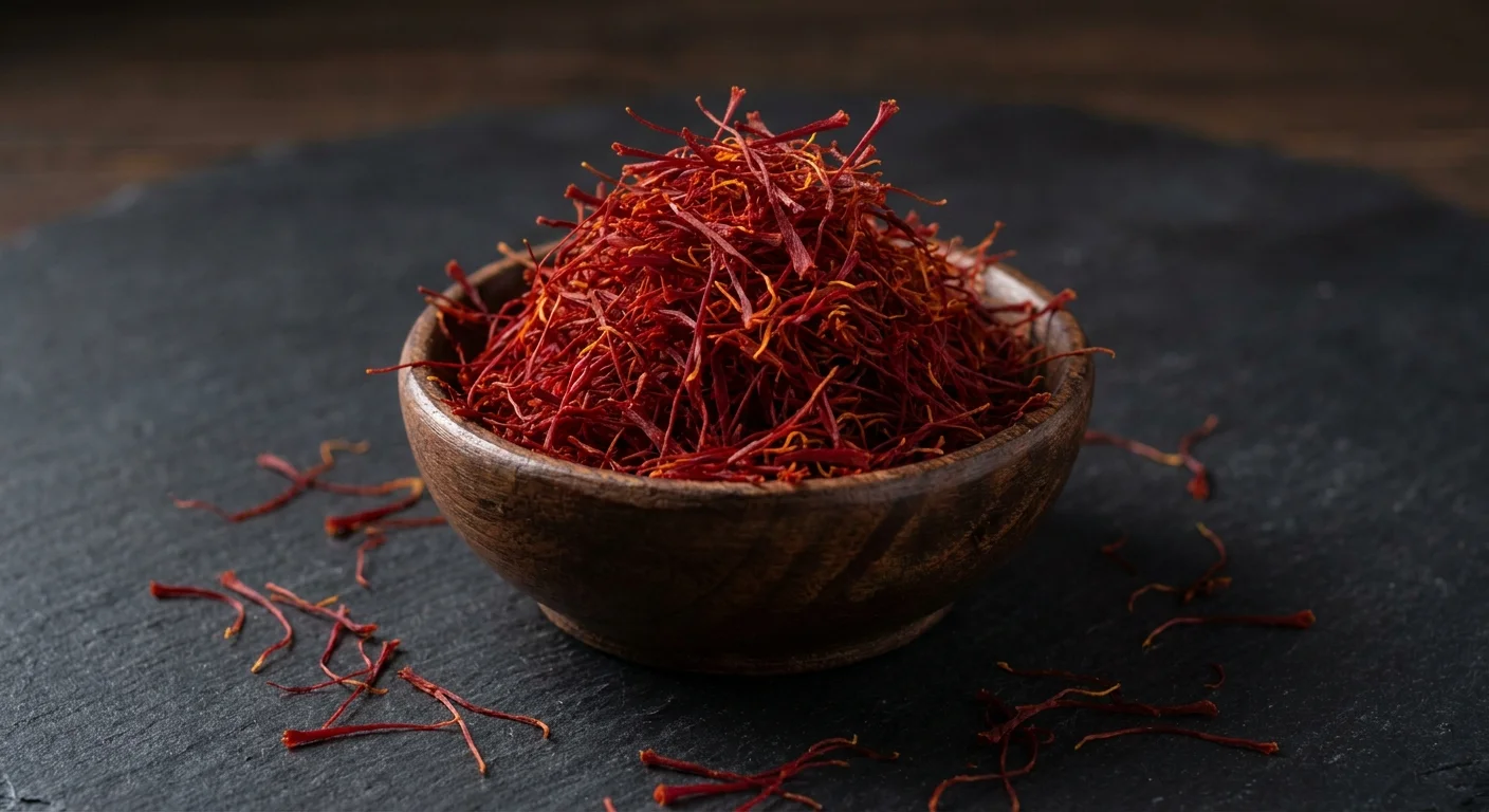Close-up of a small wooden bowl filled with vibrant red saffron threads on a dark background.