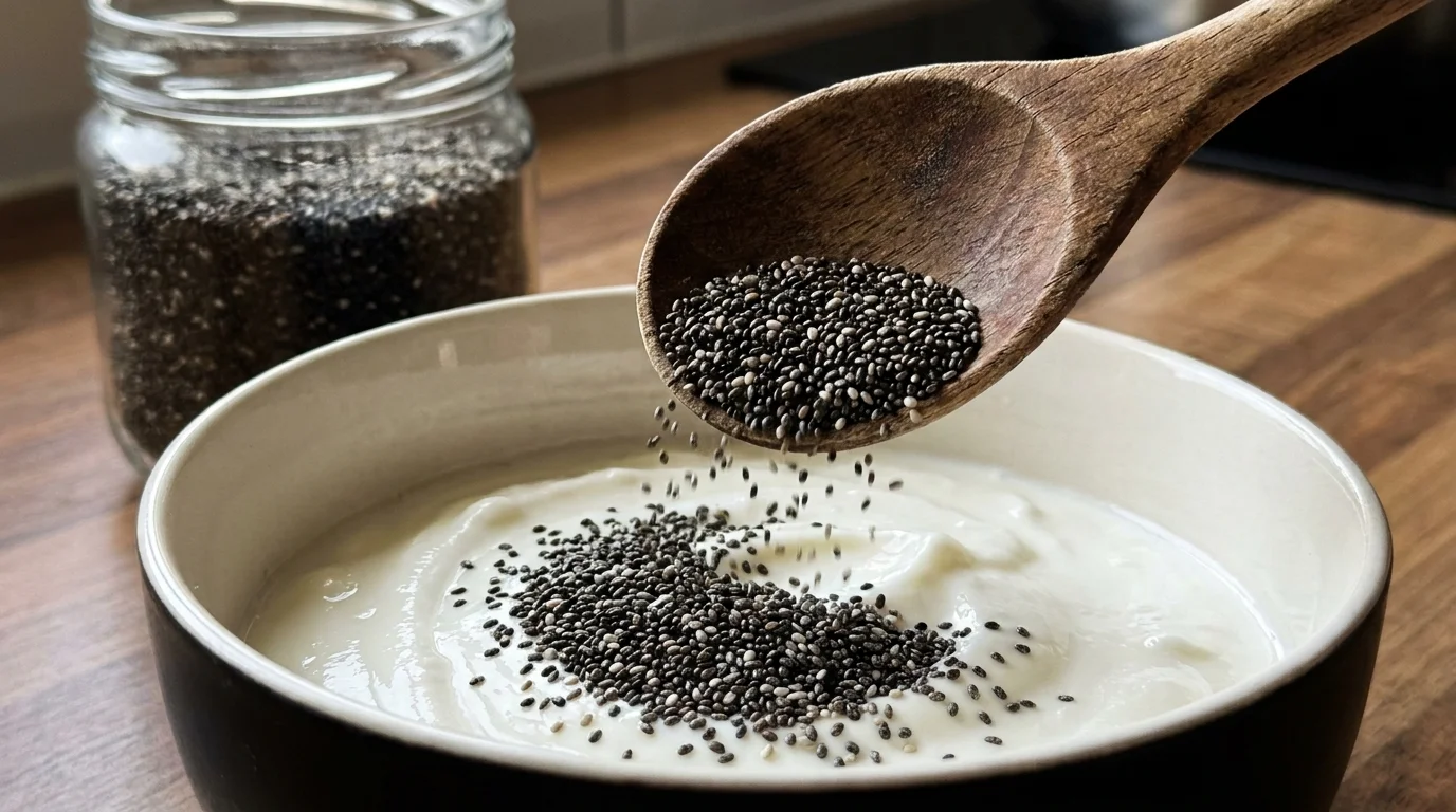 Close-up of chia seeds being sprinkled onto a bowl of white yogurt with a wooden spoon.