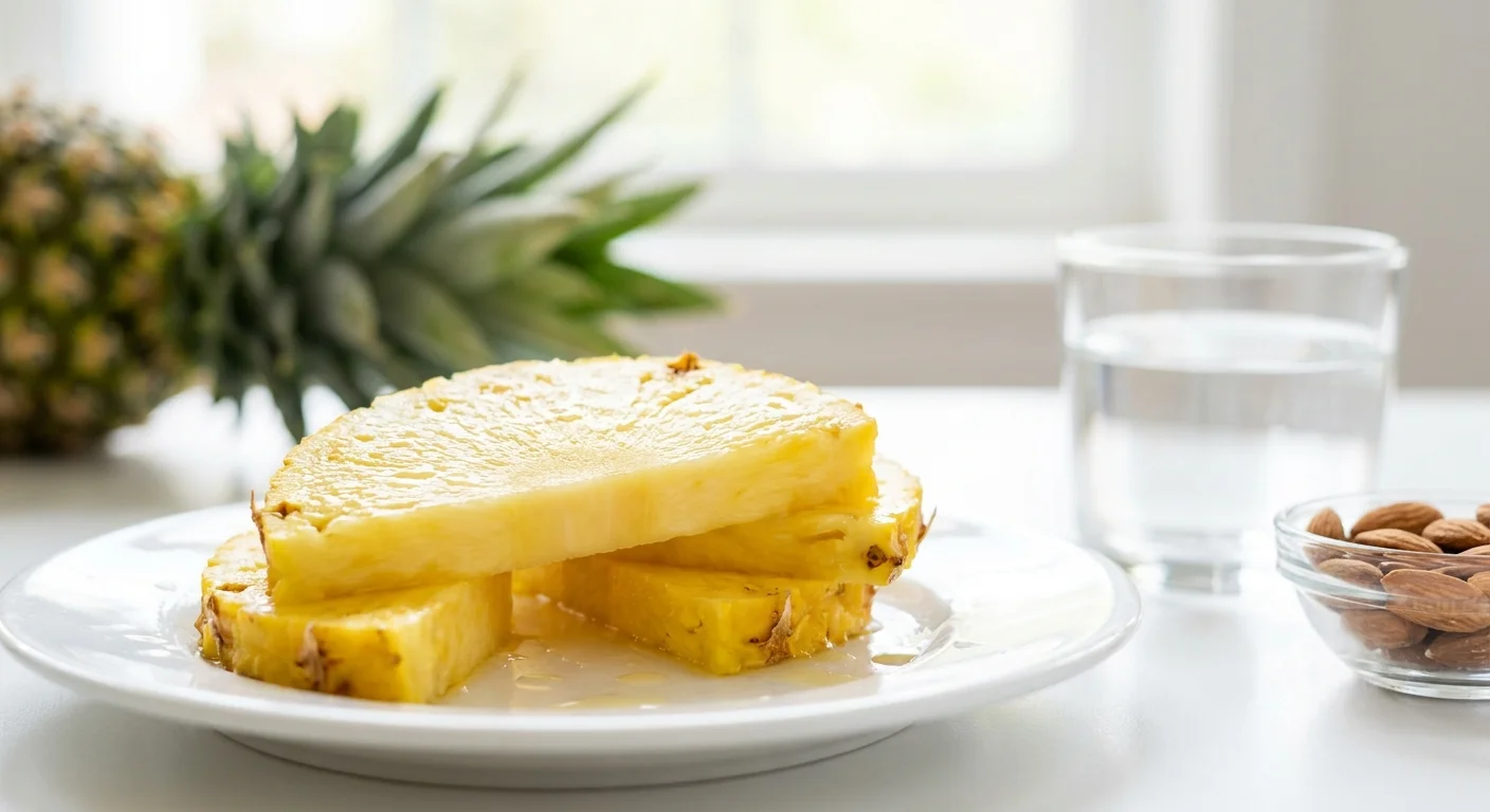 Close-up of fresh, golden pineapple slices on a white plate in a sunlit kitchen.