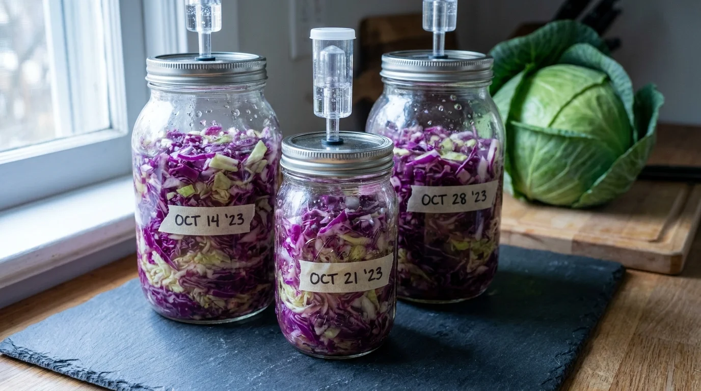 Glass jars of homemade sauerkraut on a kitchen counter next to a whole head of fresh cabbage.