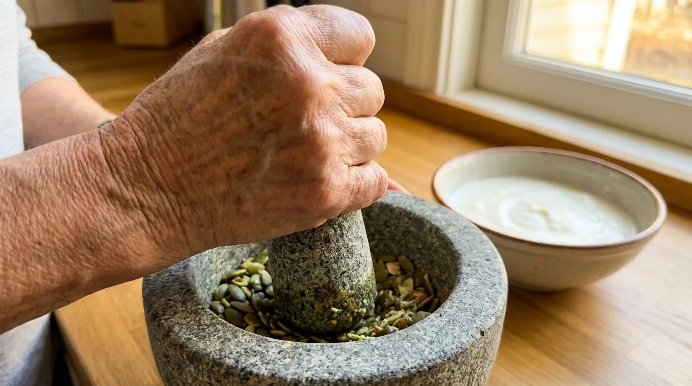 Hands using a mortar and pestle to crush pumpkin seeds for easier consumption in a kitchen setting.