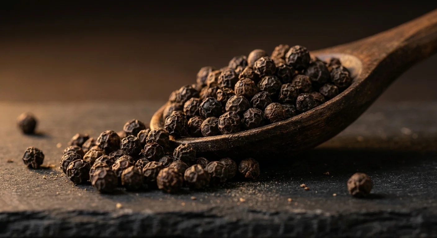 Macro photograph of textured black peppercorns spilling from a wooden spoon onto a dark slate surface.