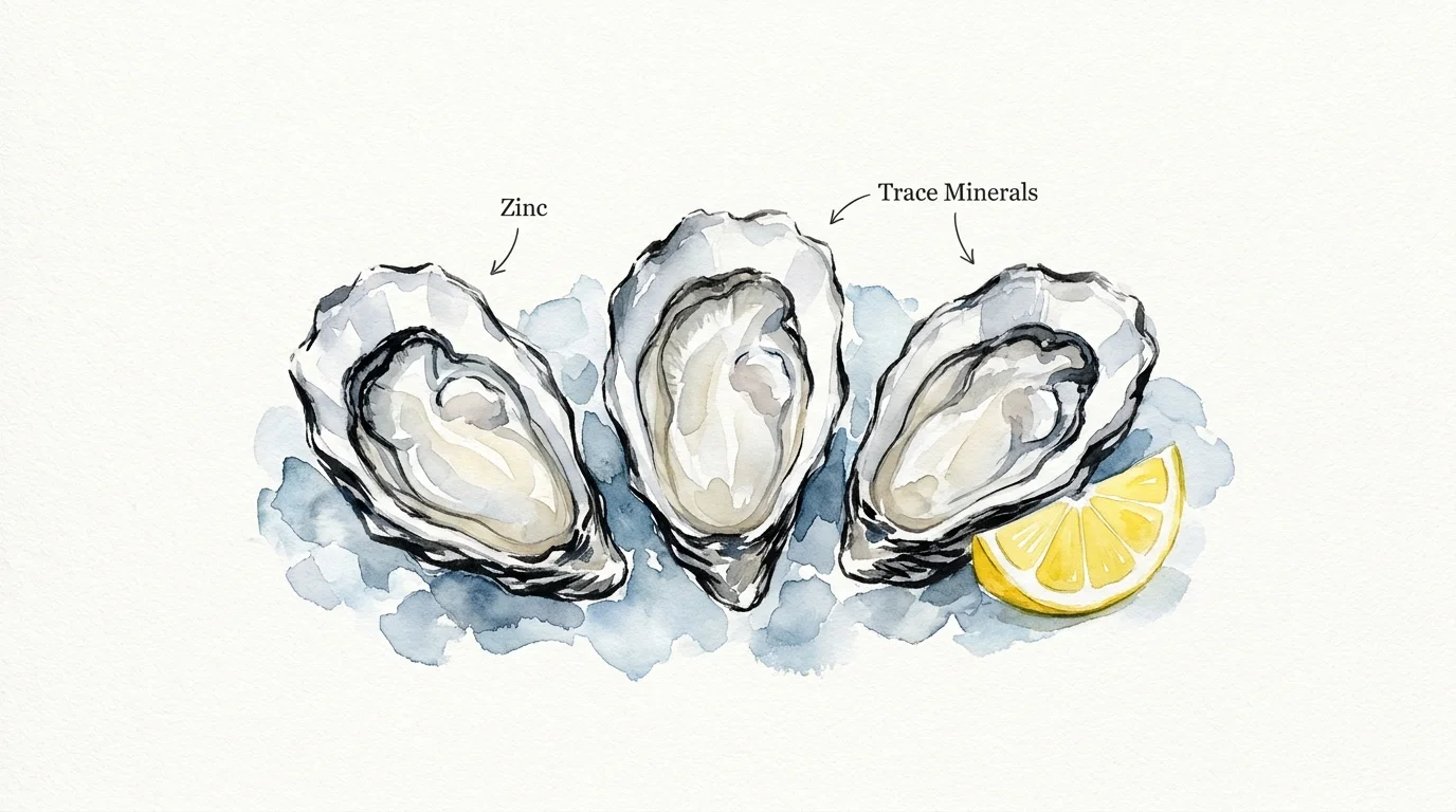 Minimalist watercolor painting of three oysters on ice with a lemon wedge and labels for zinc and minerals.