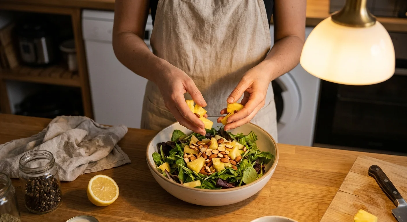 Overhead view of hands adding pineapple and almonds to a salad in a cozy, warm kitchen.