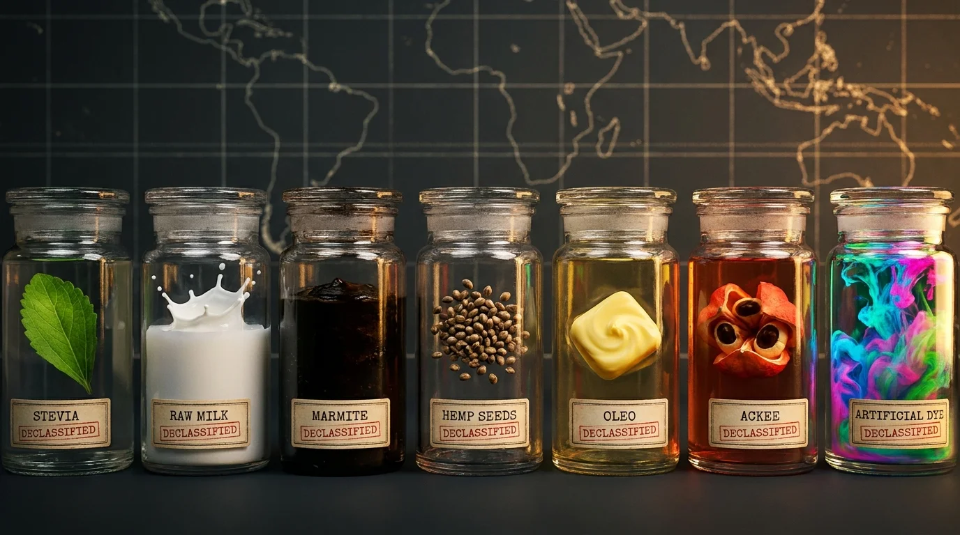 Seven glass specimen jars on a dark shelf, each containing one of the historically banned foods with a declassified label.